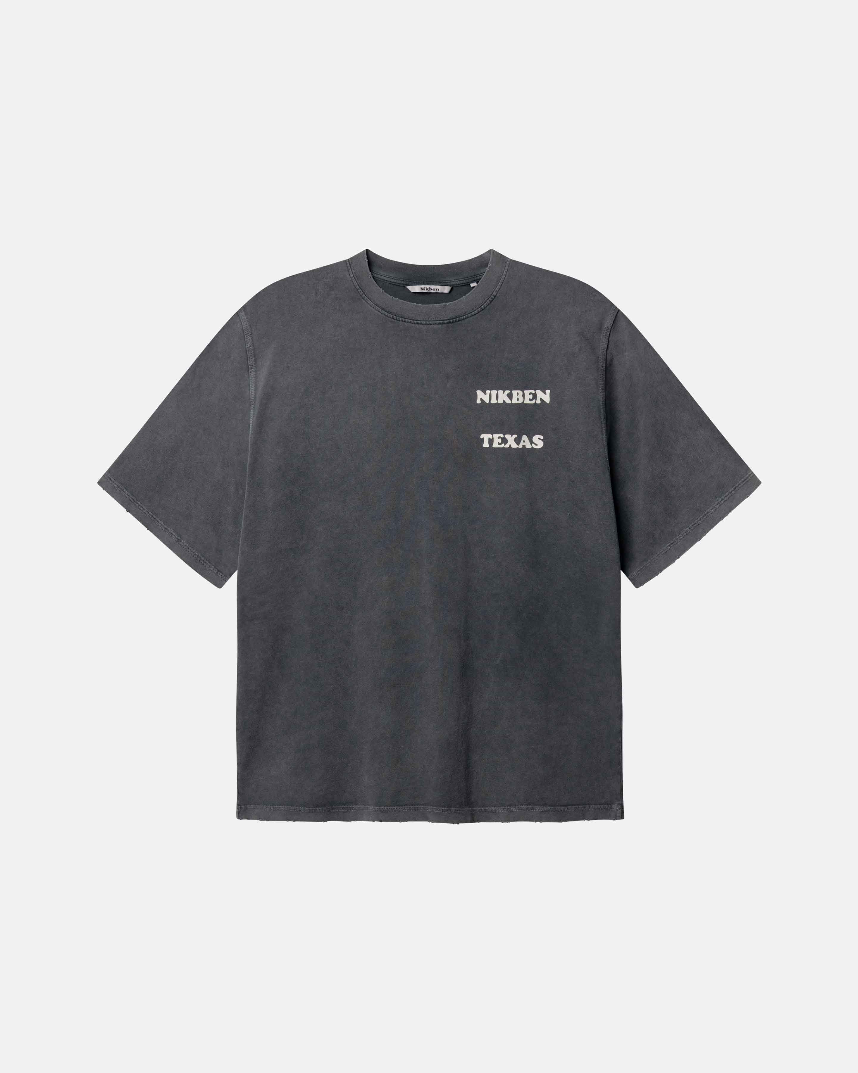Black t-shirt with 'NIKBEN TEXAS' text on chest.