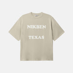 Beige t-shirt with 'NIKBEN TEXAS' text on the front
