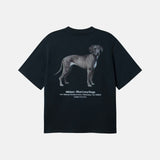 Black t-shirt with a dog illustration on the back 