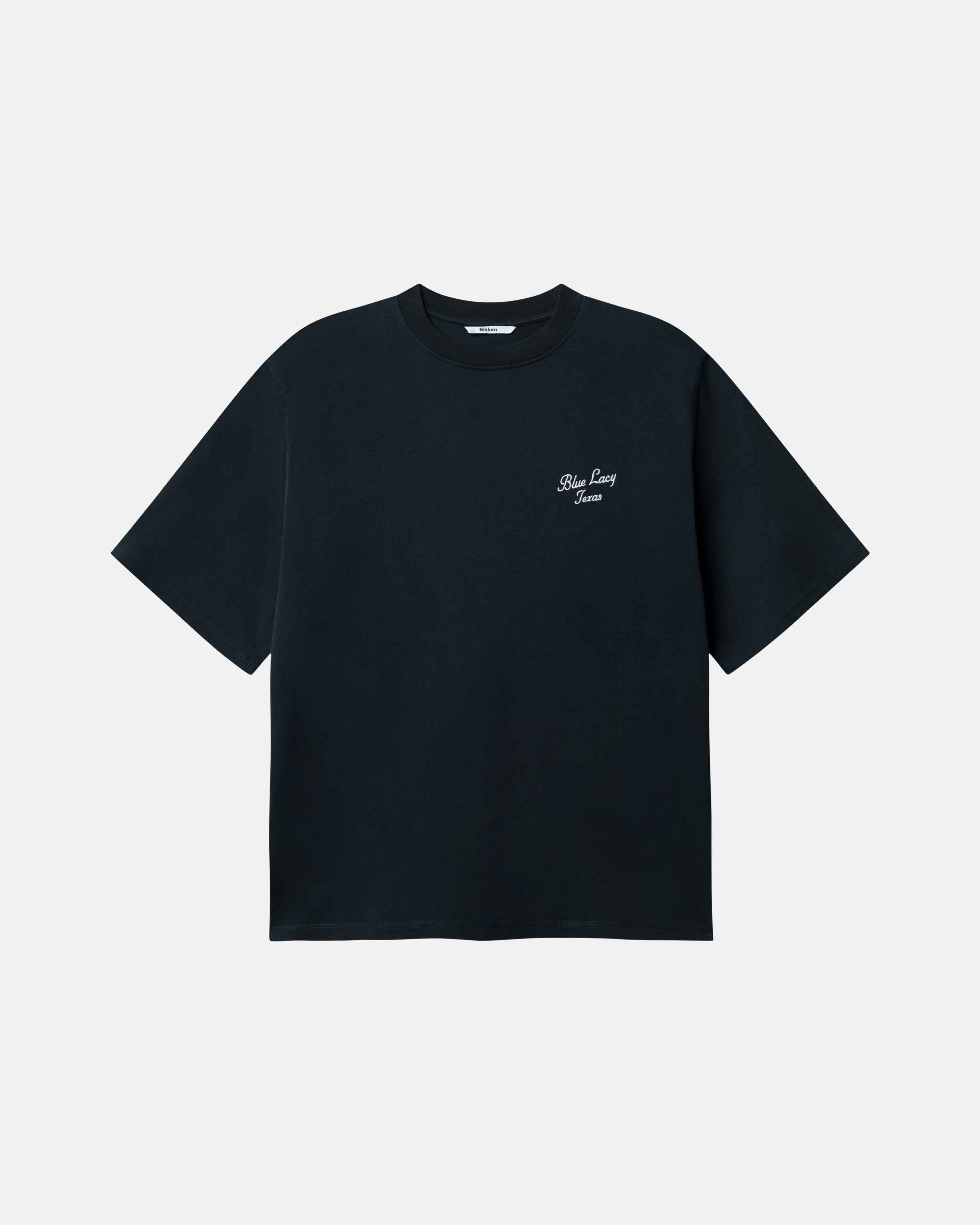 Black t-shirt with a small logo on chest