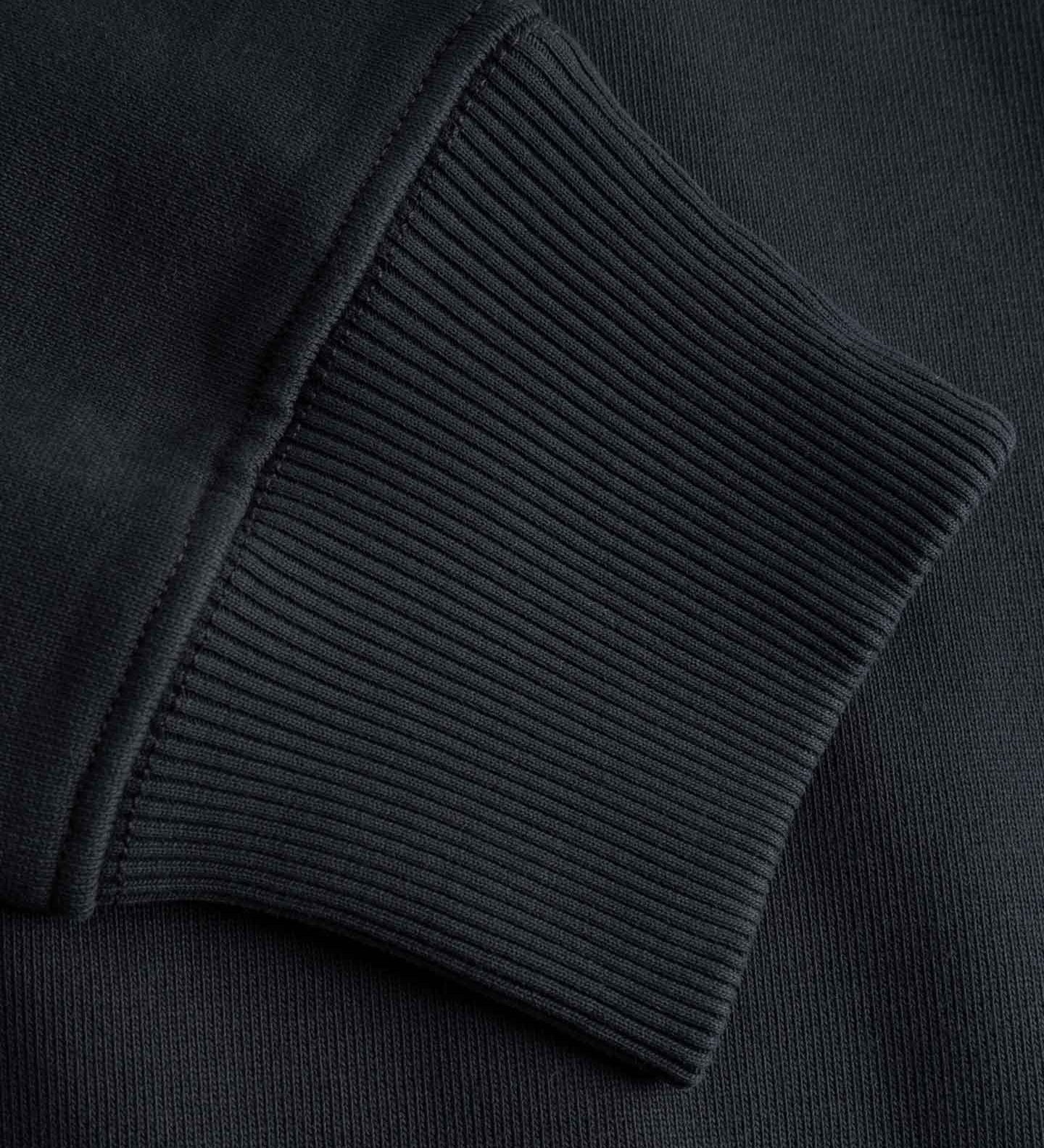 Close-up of a black sweatshirt with ribbed cuffs and hem.
