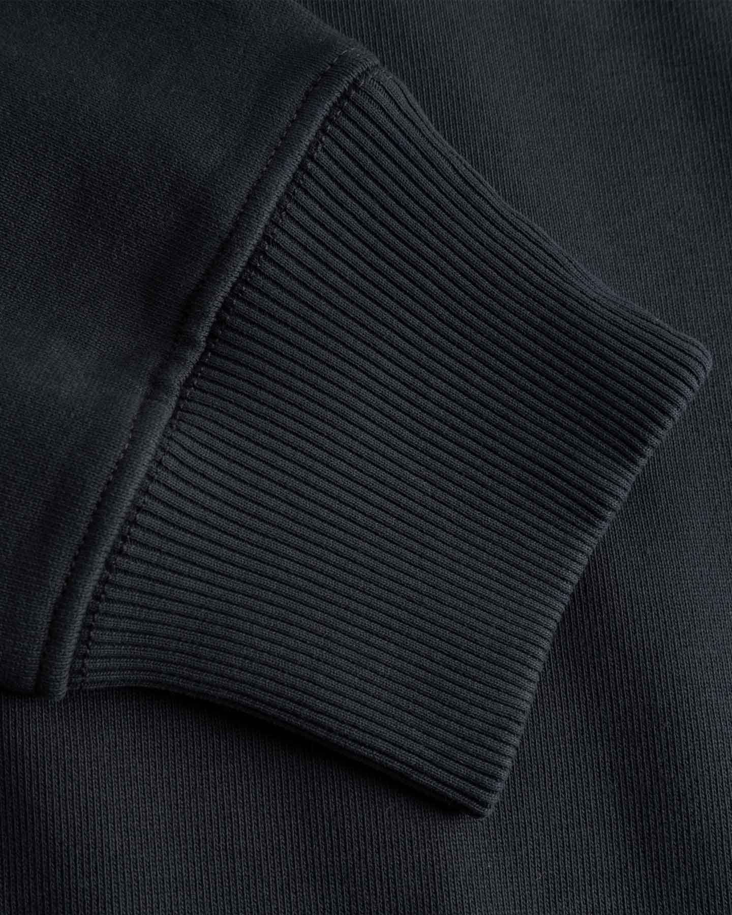 Close-up of a black sweatshirt with ribbed cuffs and hem.