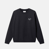 Black sweatshirt with white text on front breast