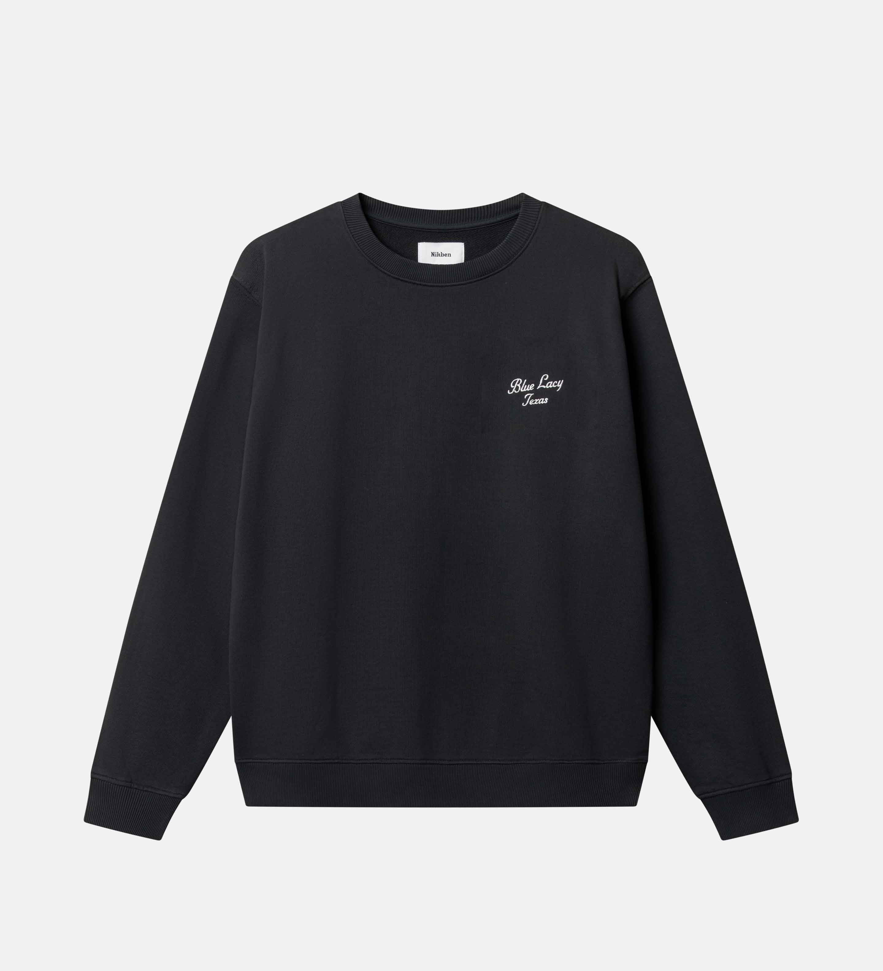 Black sweatshirt with white text on front breast