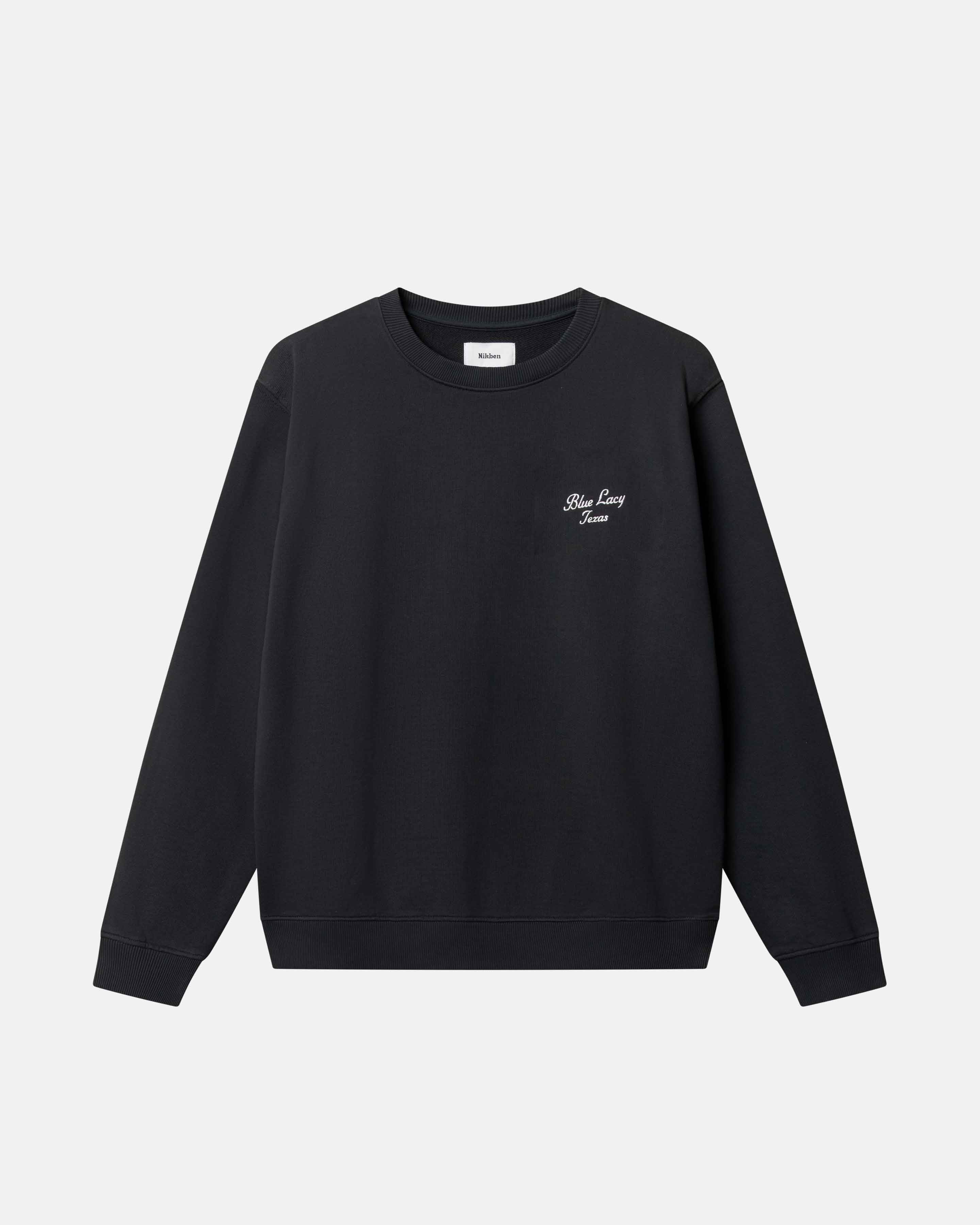 Black sweatshirt with white text on front breast