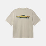Beige t-shirt with a yellow vintage truck graphic on back of t-shirt