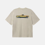 Beige t-shirt with a yellow vintage truck graphic on back of t-shirt