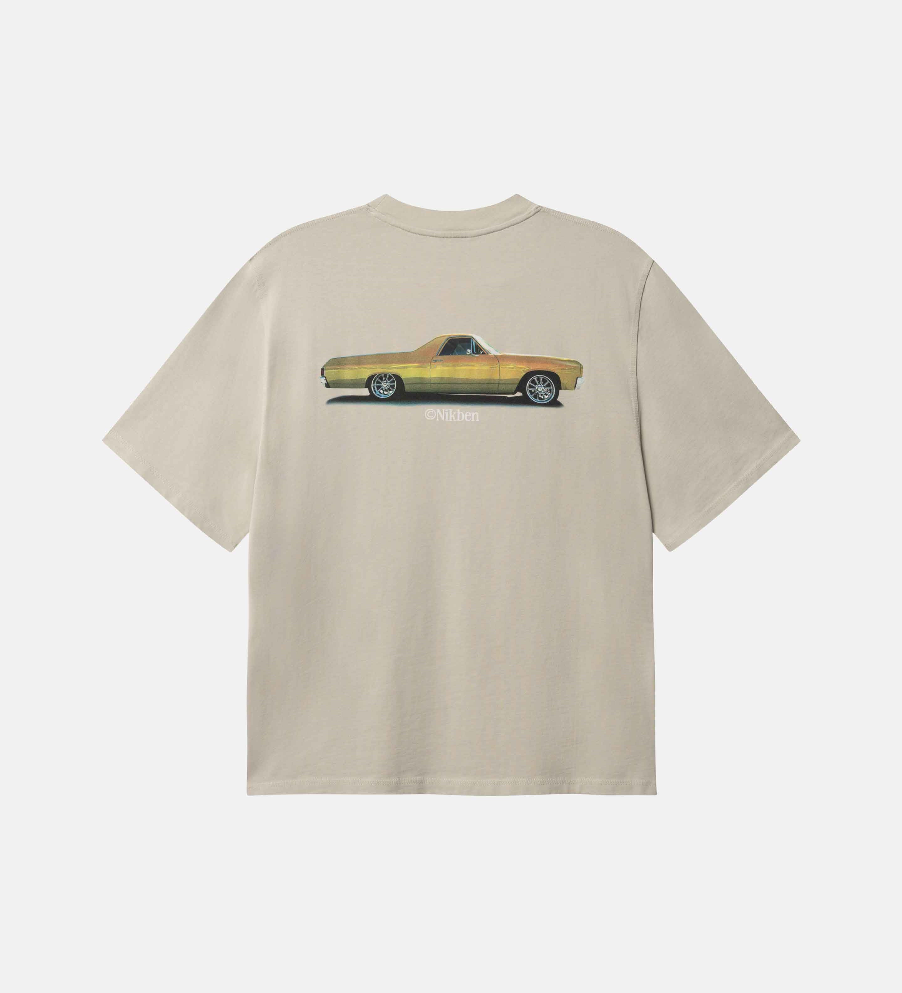 Beige t-shirt with a yellow vintage truck graphic on back of t-shirt