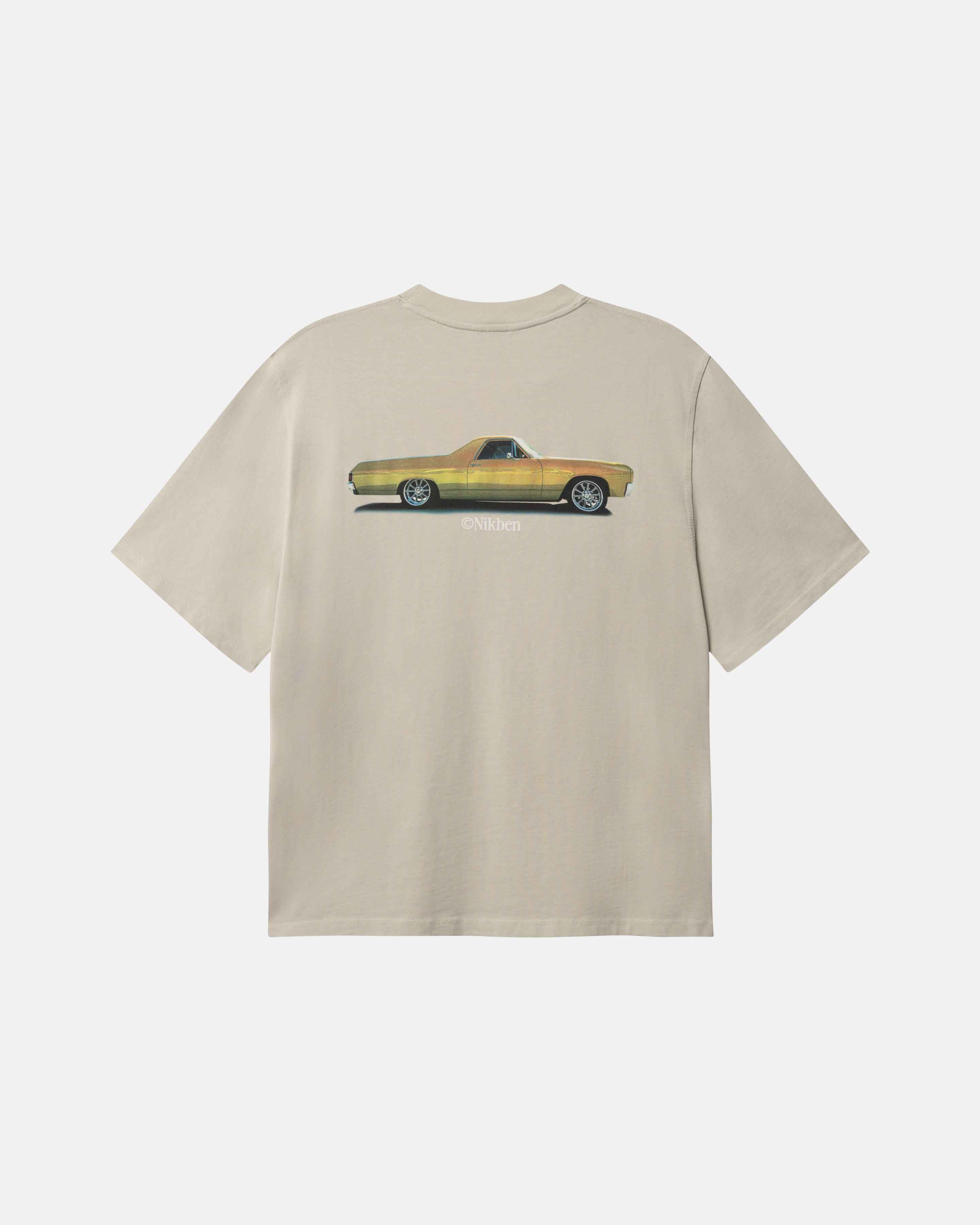 Beige t-shirt with a yellow vintage truck graphic on back of t-shirt