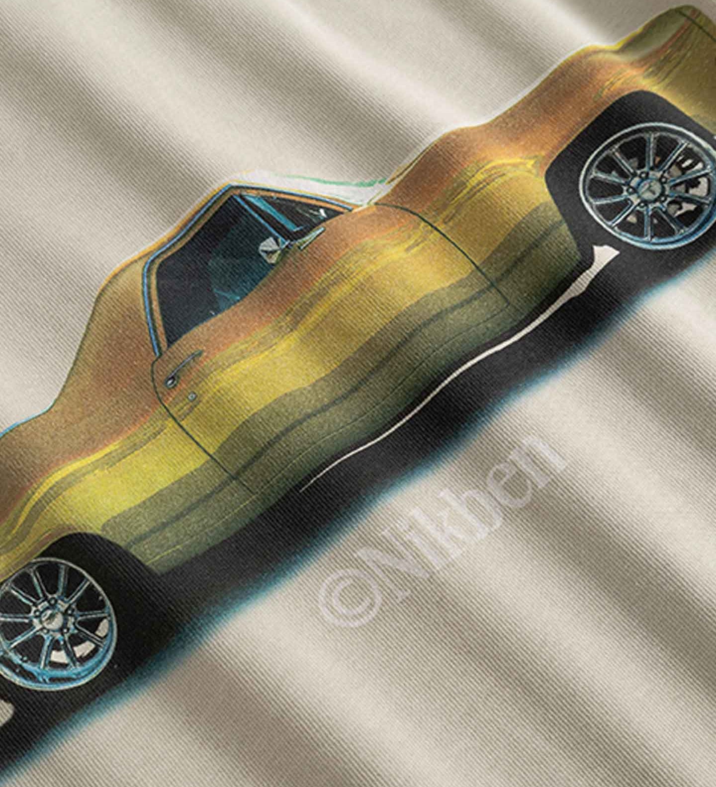 Close up of Vintage car on back of beige t-shirt