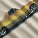 Close up of Vintage car on back of beige t-shirt
