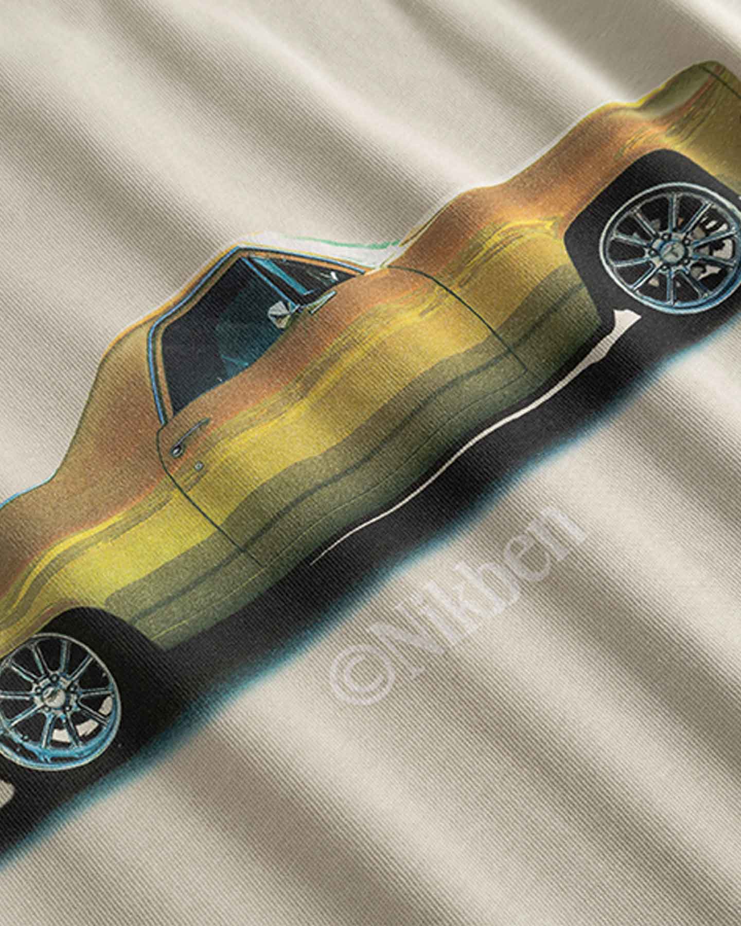 Close up of Vintage car on back of beige t-shirt