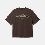 Brown t-shirt with a car graphic on the back 