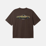 Brown t-shirt with a car graphic on the back 