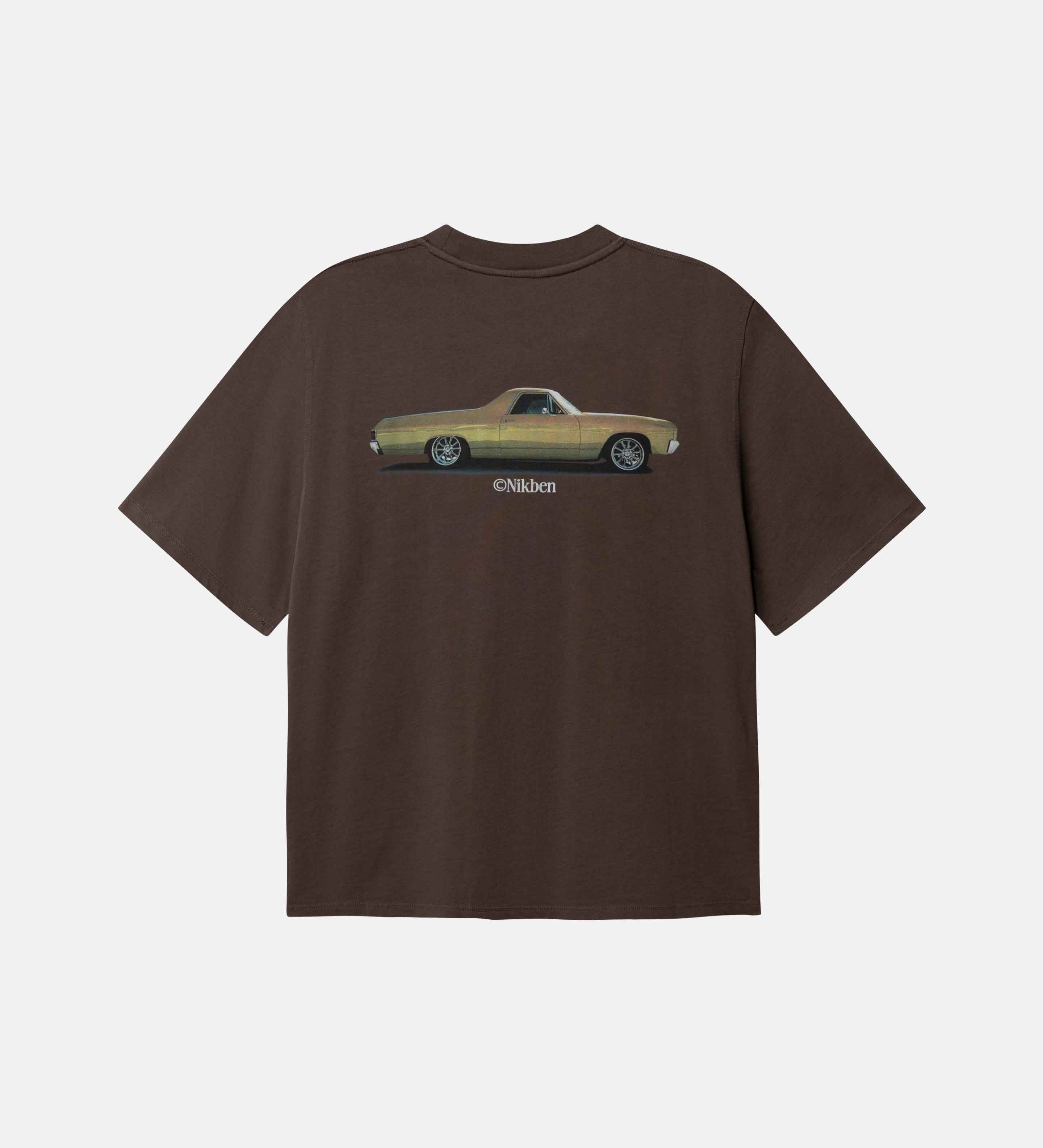 Brown t-shirt with a car graphic on the back 