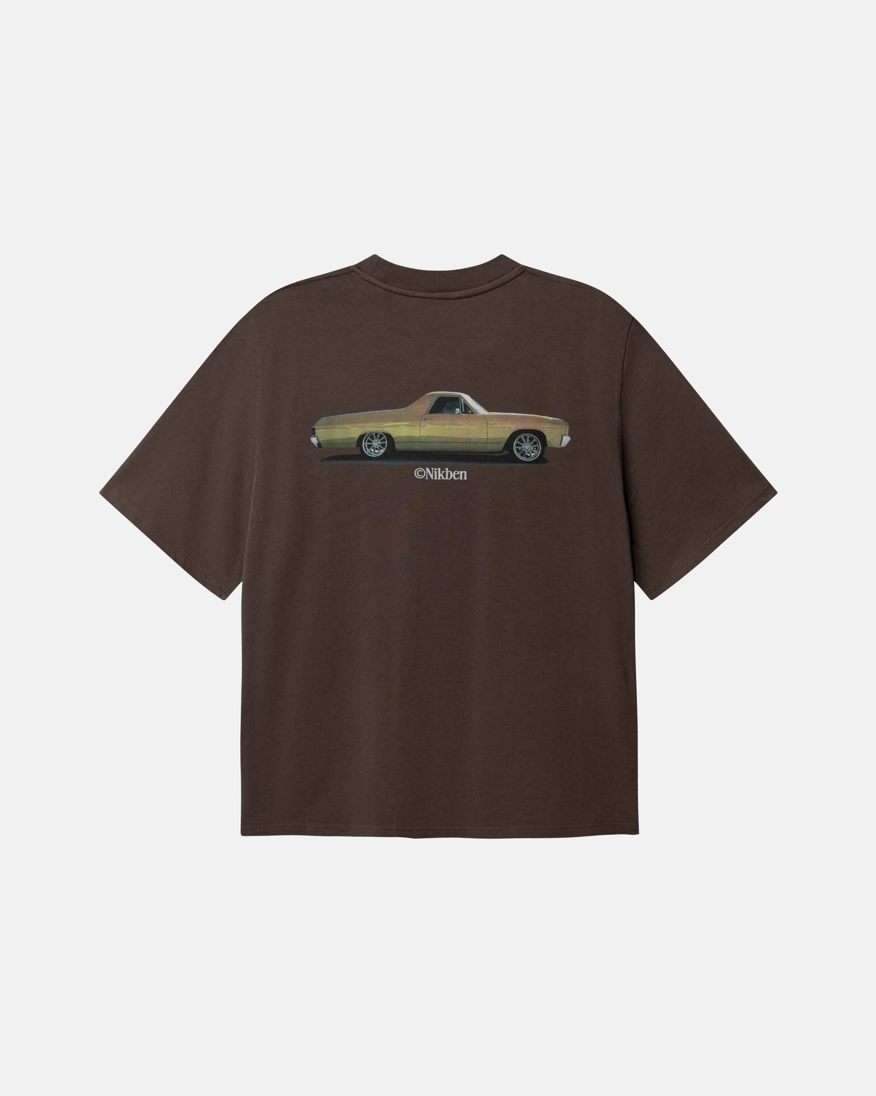 Brown t-shirt with a car graphic on the back 