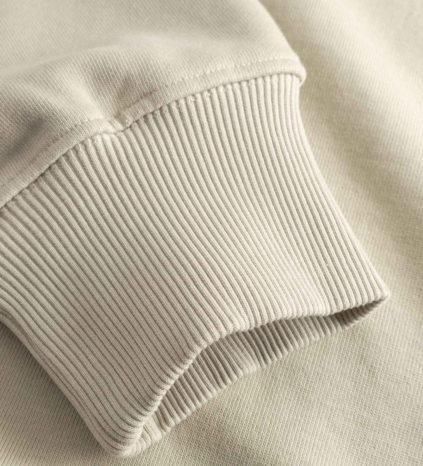 Close-up of beige ribbed sweater sleeve cuff 
