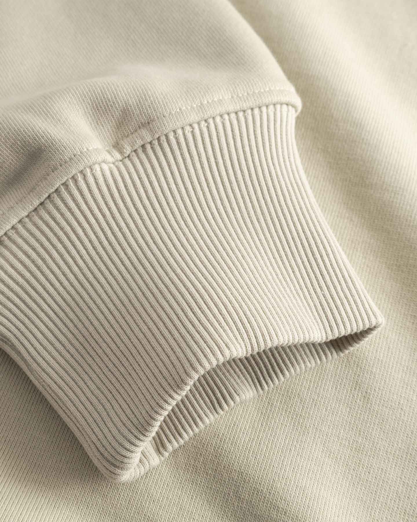 Close-up of beige ribbed sweater sleeve cuff 
