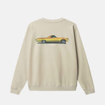 Beige sweatshirt with a yellow car graphic on the back 