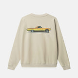 Beige sweatshirt with a yellow car graphic on the back 