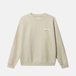 Beige sweatshirt with a logo on chest.