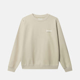 Beige sweatshirt with a logo on chest.