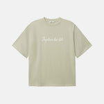 Beige t-shirt with text on chest