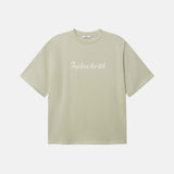 Beige t-shirt with text on chest