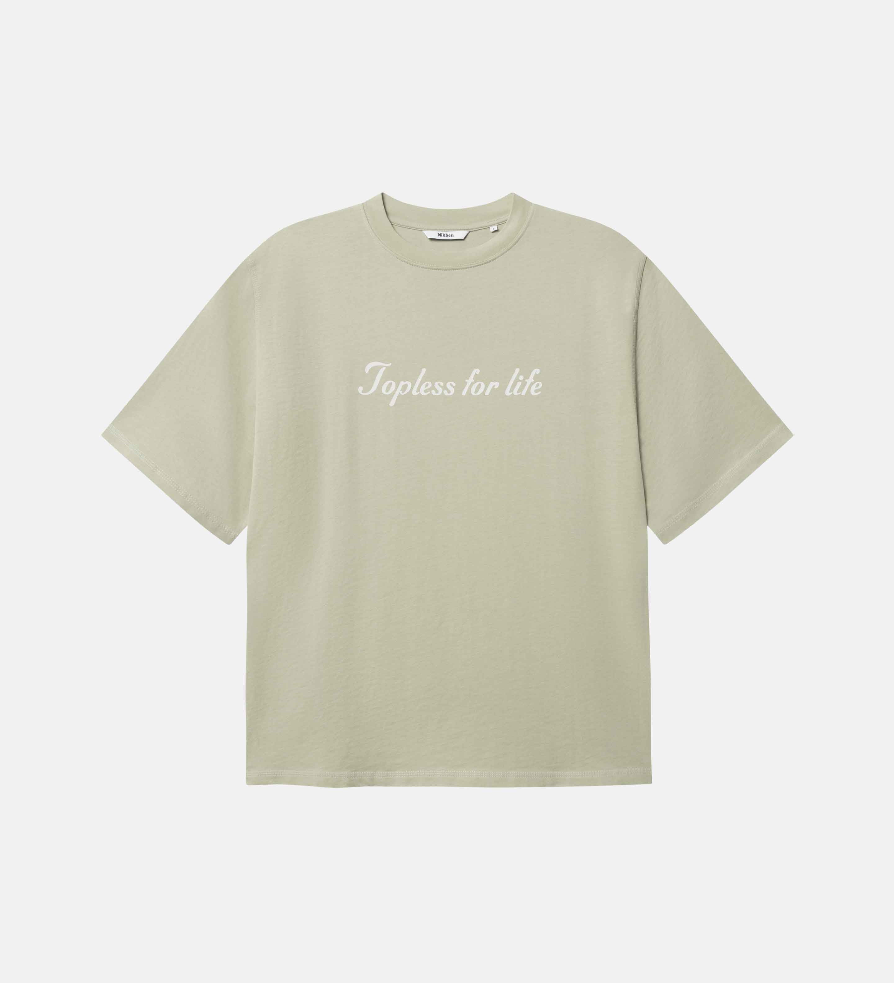 Beige t-shirt with text on chest