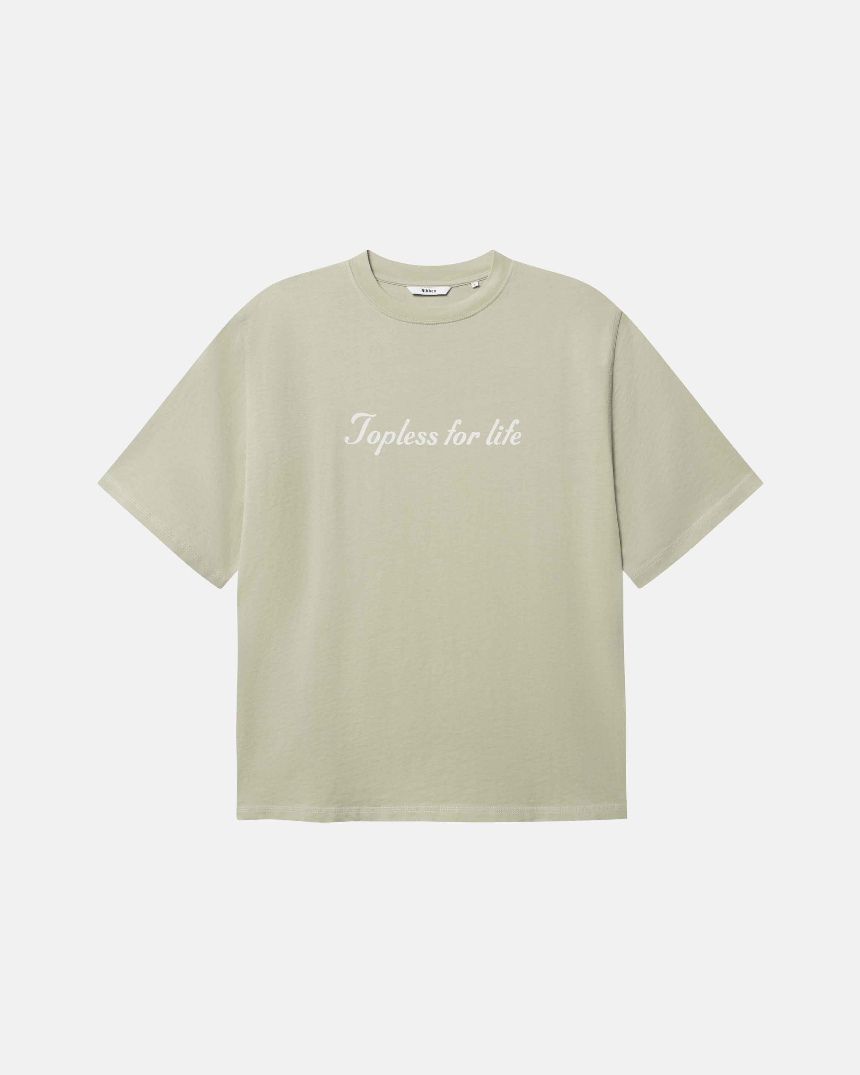 Beige t-shirt with text on chest