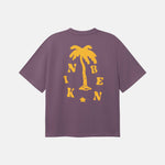 Purple t-shirt with yellow palm tree and text design on back