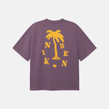 Purple t-shirt with yellow palm tree and text design on back