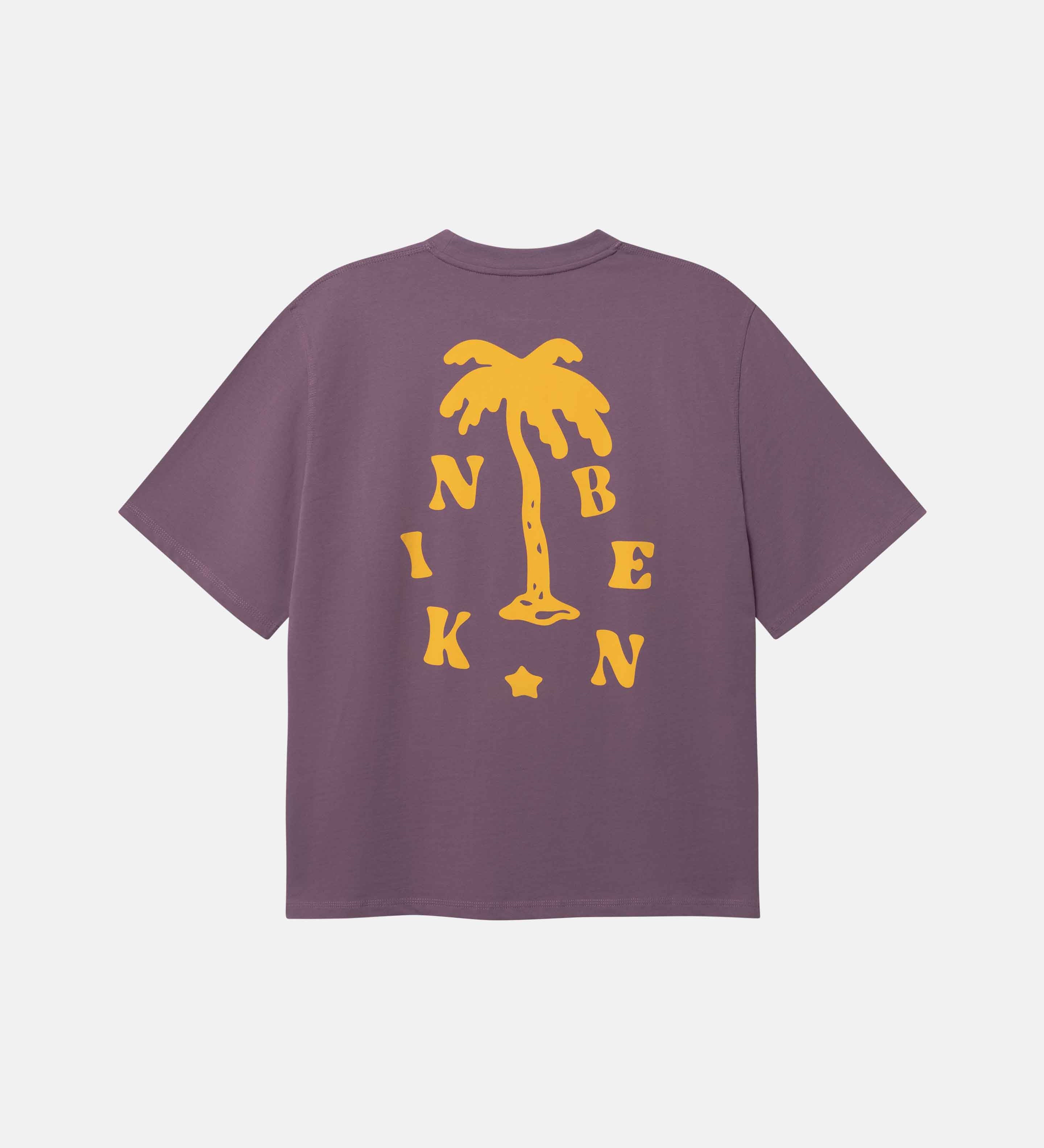 Purple t-shirt with yellow palm tree and text design on back