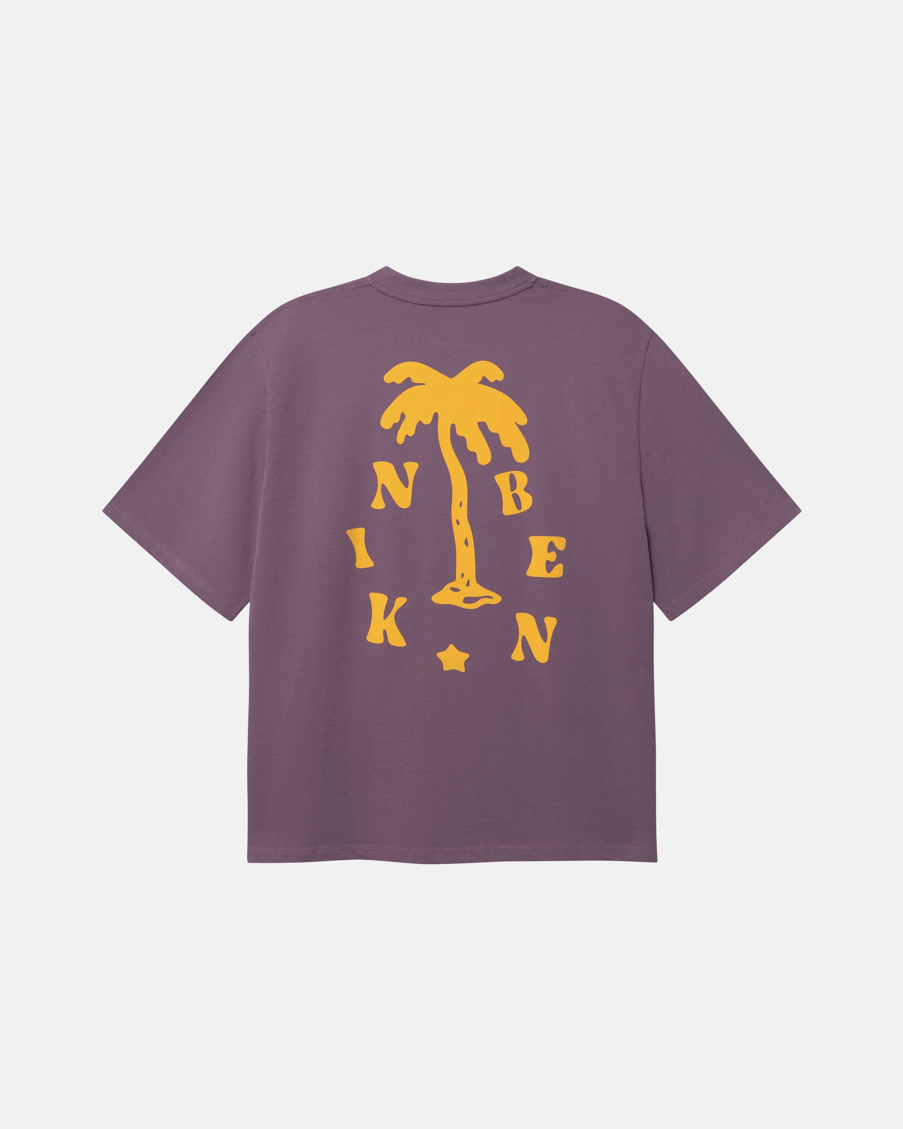 Purple t-shirt with yellow palm tree and text design on back