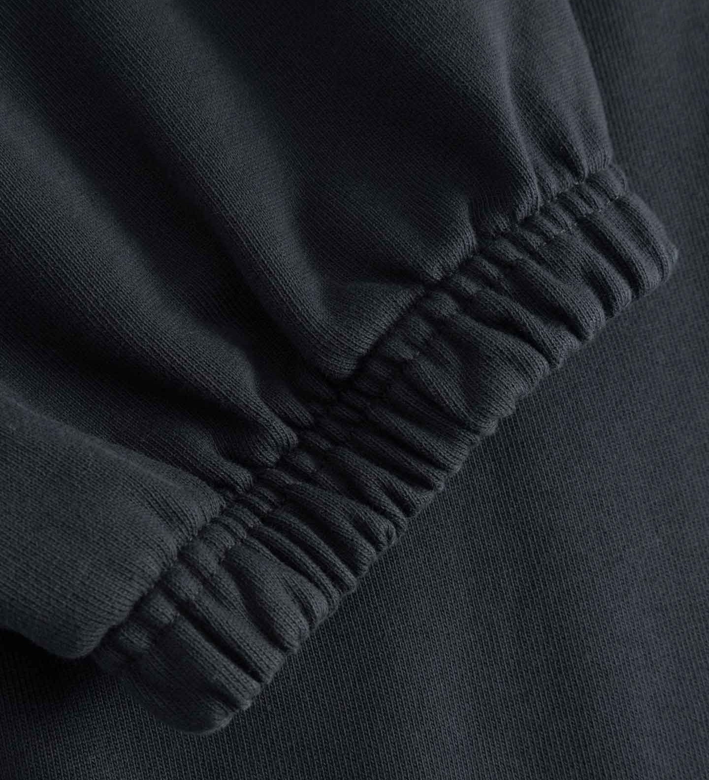 Close-up of black sweatpants with a focus on the leg cuff.