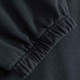 Close-up of black sweatpants with a focus on the leg cuff.