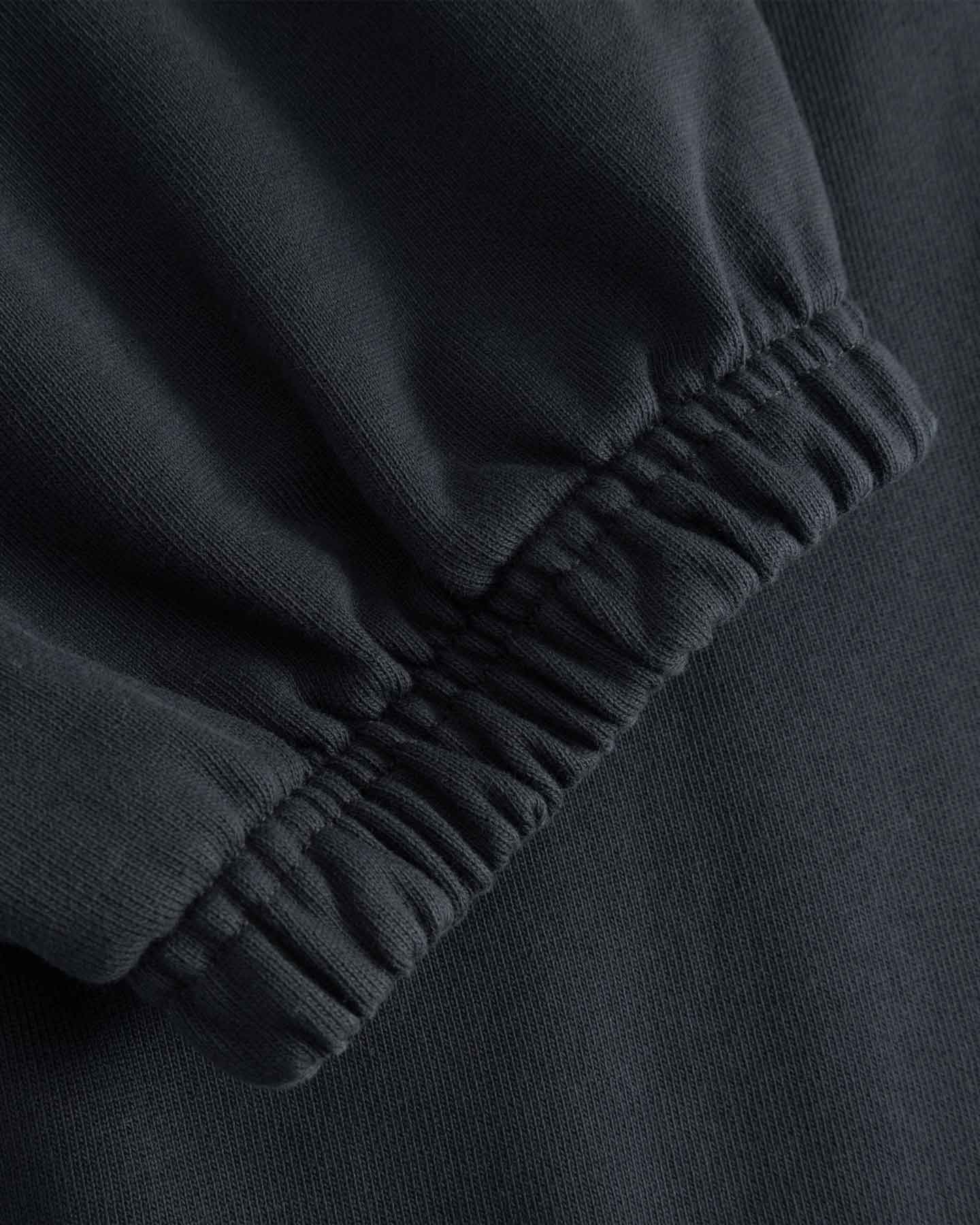 Close-up of black sweatpants with a focus on the leg cuff.