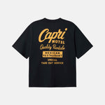 Black T-Shirt ,Back Print Capri Hotel, Yellow text 