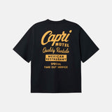 Black T-Shirt ,Back Print Capri Hotel, Yellow text 