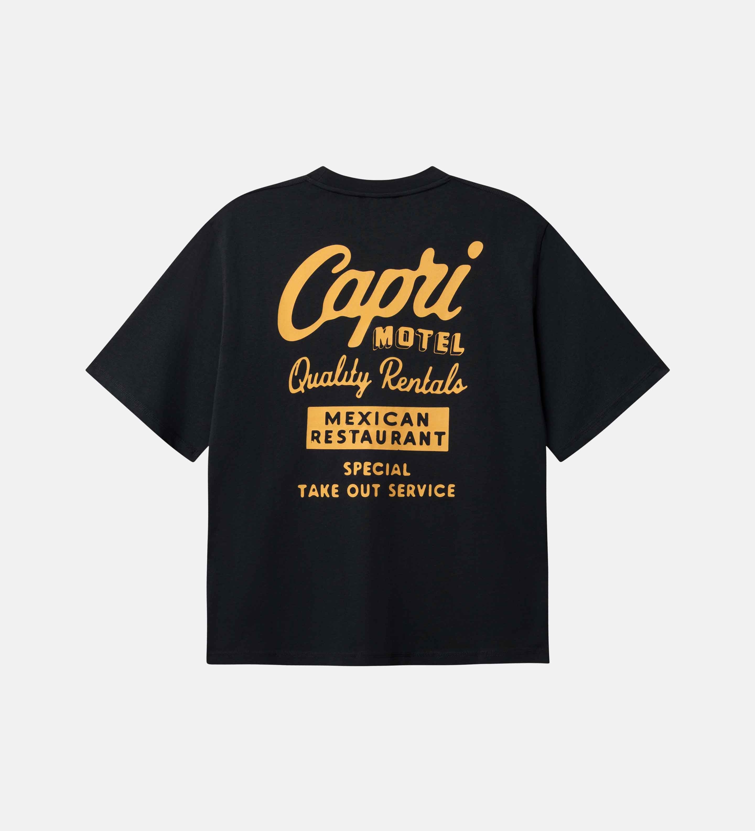 Black T-Shirt ,Back Print Capri Hotel, Yellow text 