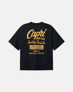 Black T-Shirt ,Back Print Capri Hotel, Yellow text 