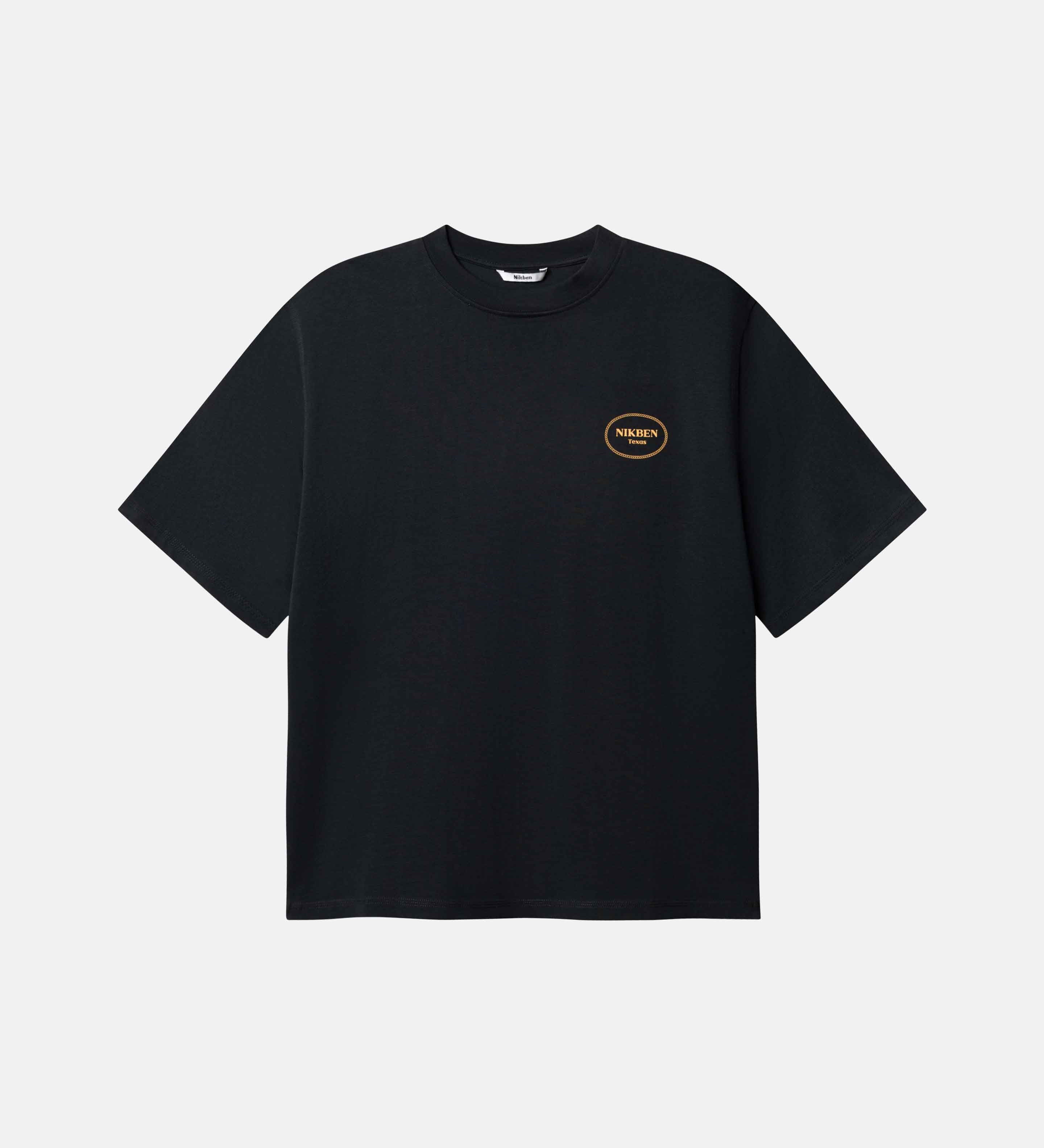 Black T-Shirt, Small Yellow Logo on chest.