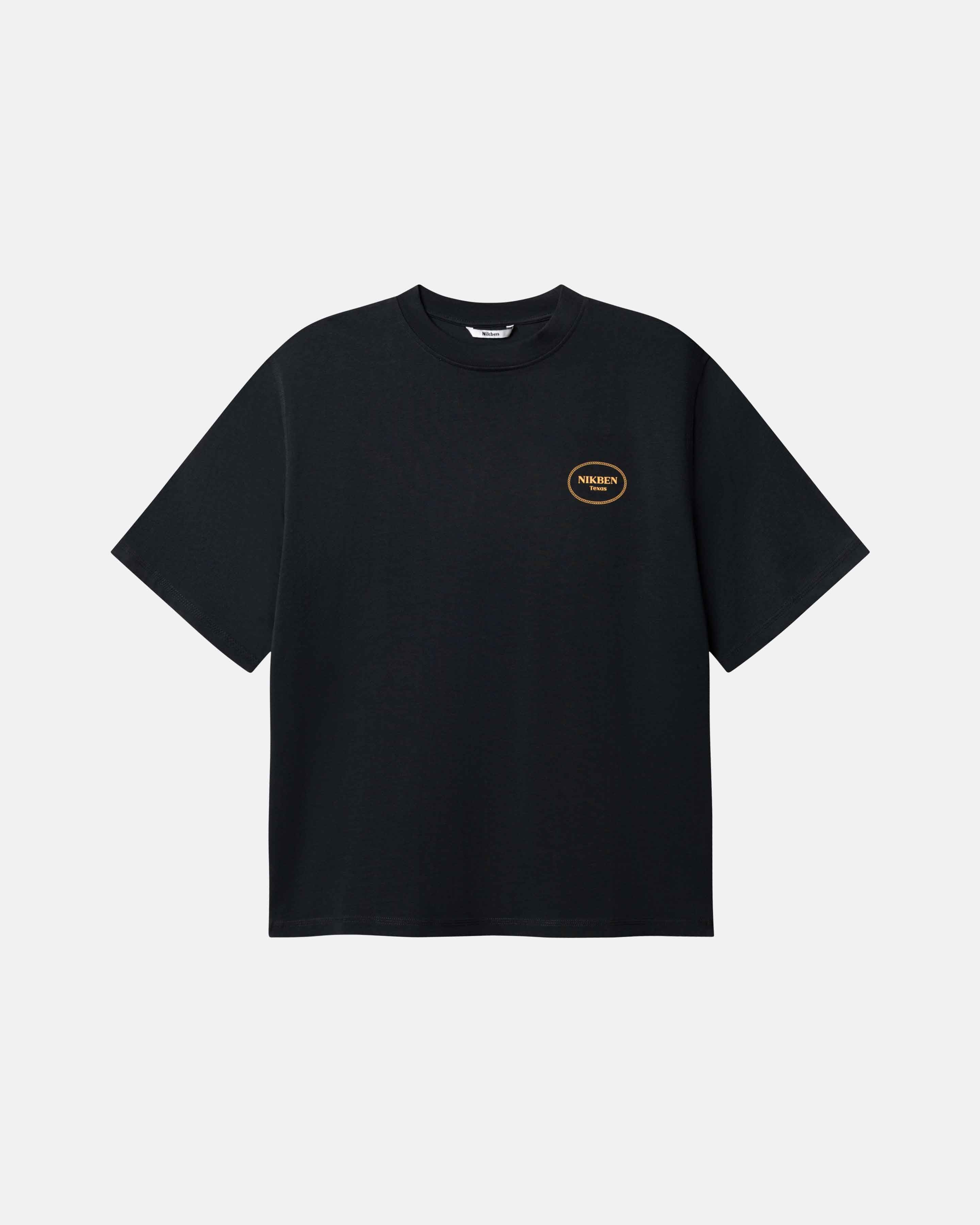 Black T-Shirt, Small Yellow Logo on chest.