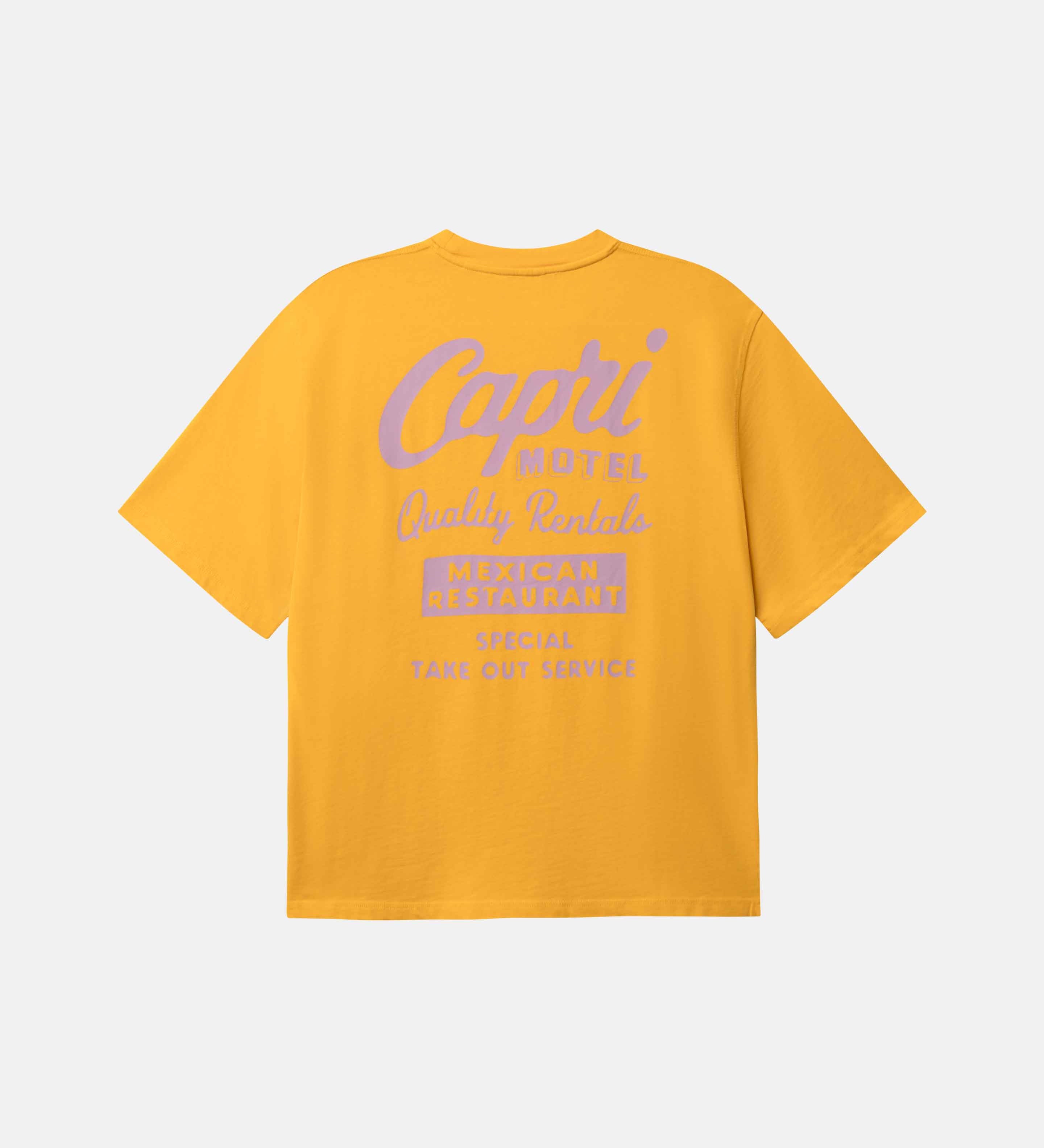 Yellow t-shirt with 'Capri Motel' text on the back.