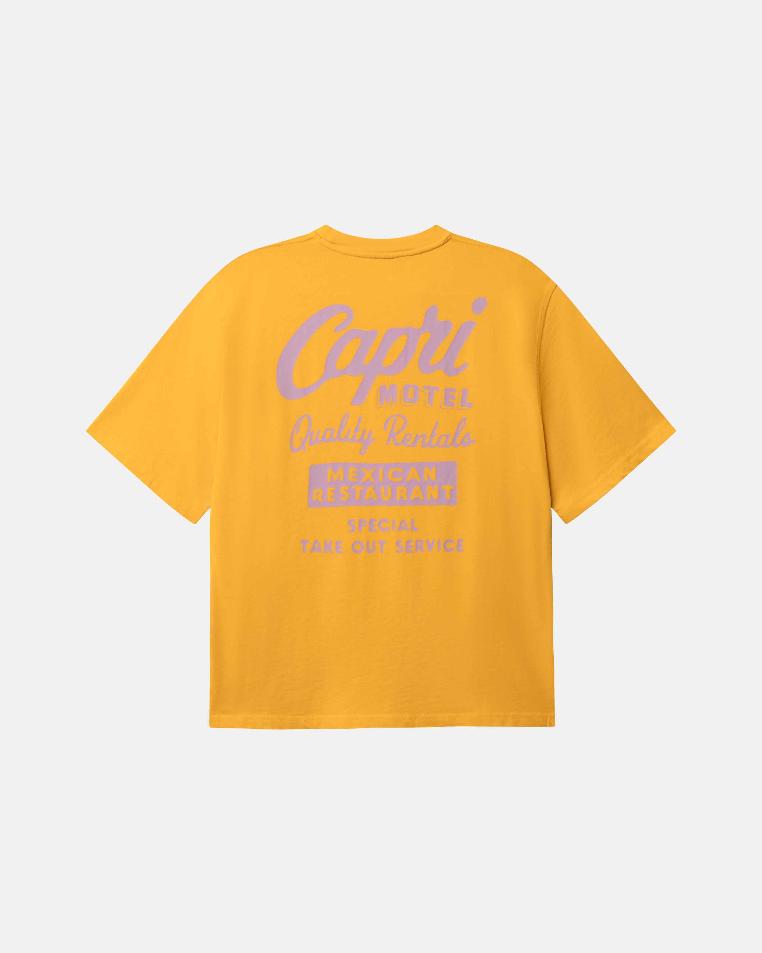Yellow t-shirt with 'Capri Motel' text on the back.