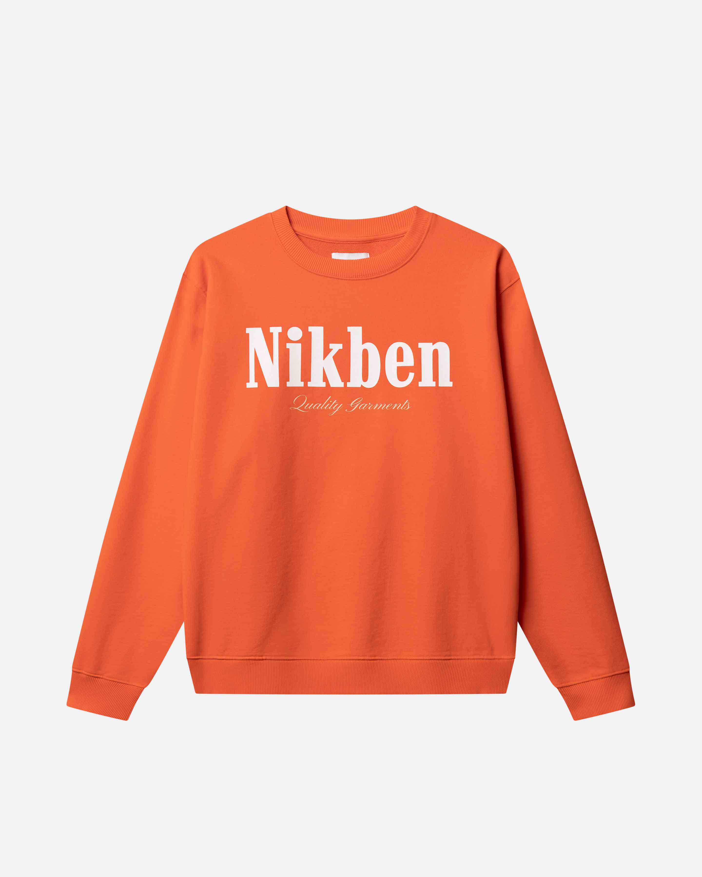 Orange sweatshirt with 'Nikben' branding 
