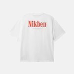 White t-shirt with red 'Nikben' logo on back