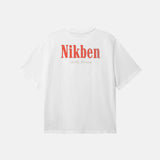 White t-shirt with red 'Nikben' logo on back