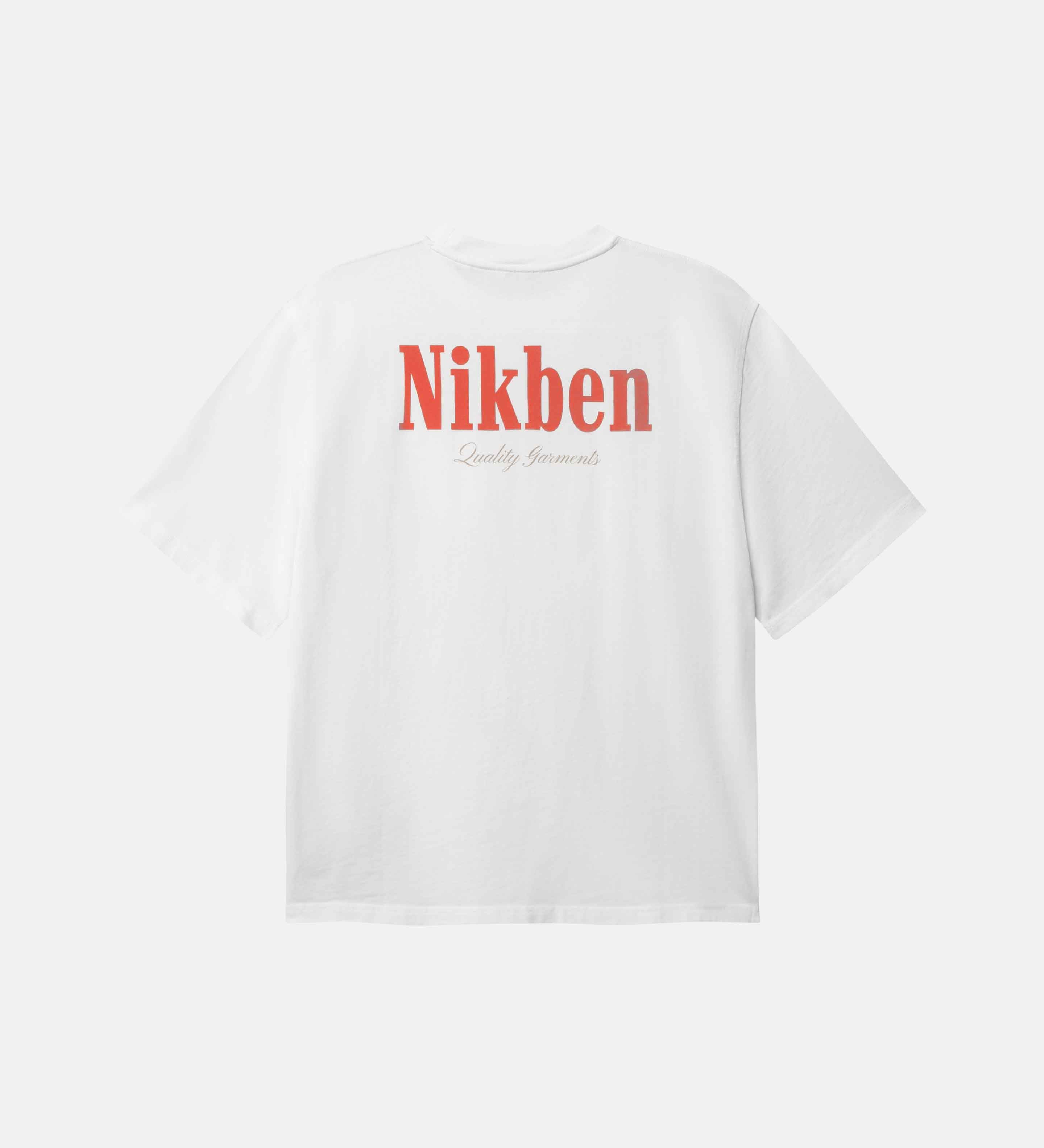 White t-shirt with red 'Nikben' logo on back