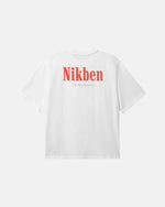 White t-shirt with red 'Nikben' logo on back